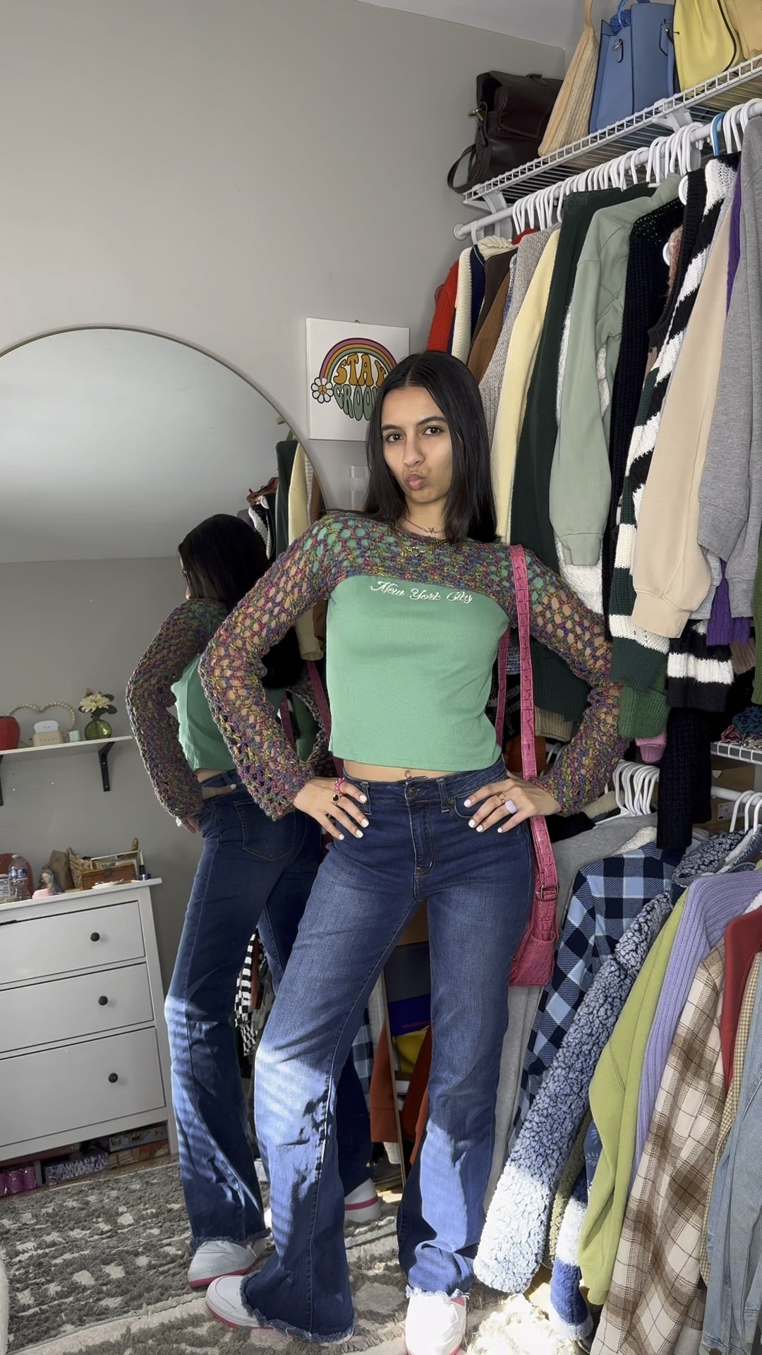 Green top, New York tshirt, cricket bolero, colorful bolero, dark blue jeans, wide bottom jeans, adidas sneakers, pink sneakers, pink bag, colorful spring outfit, spring inspo, casual spring outfit, outfit inspo

#LTKstyletip #LTKshoecrush