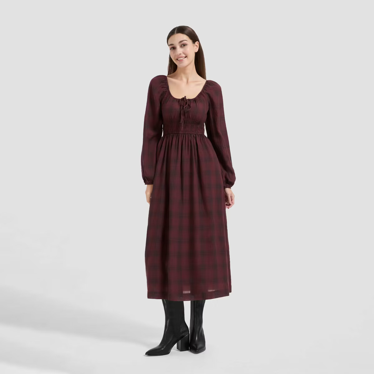 Women's Long Sleeve Midi A-Line Dress - Universal Thread™ Rosewood Brown Plaid | Target