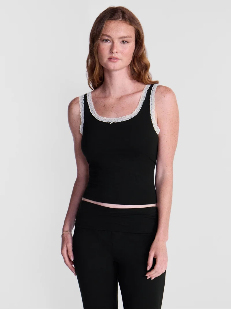 No Boundaries Cotton Blend Jersey Sleep Lace Tank Top, Women\u2019s XXS-3X | Walmart (US)