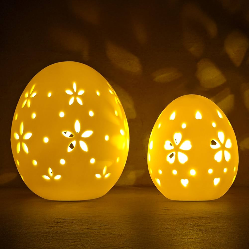 Easter Decorations: White Ceramic Lighted Easter Egg Set of 2, Farmhouse Rustic Hollow Easter Egg... | Amazon (US)