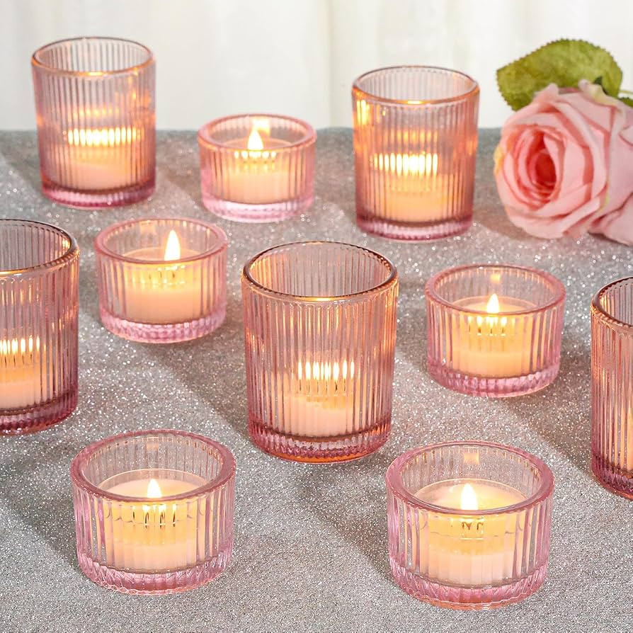 24 Pcs Glass Votive Candle Holders – Assorted Ribbed Pink Tea Light Holders Bulk for Weddings, ... | Amazon (US)