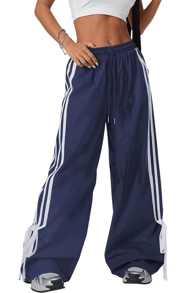 Women's Y2K Baggy Bow Wide Leg Pants Striped Track Elastic Waist Long Sweatpants Parachute Pants | Amazon (US)