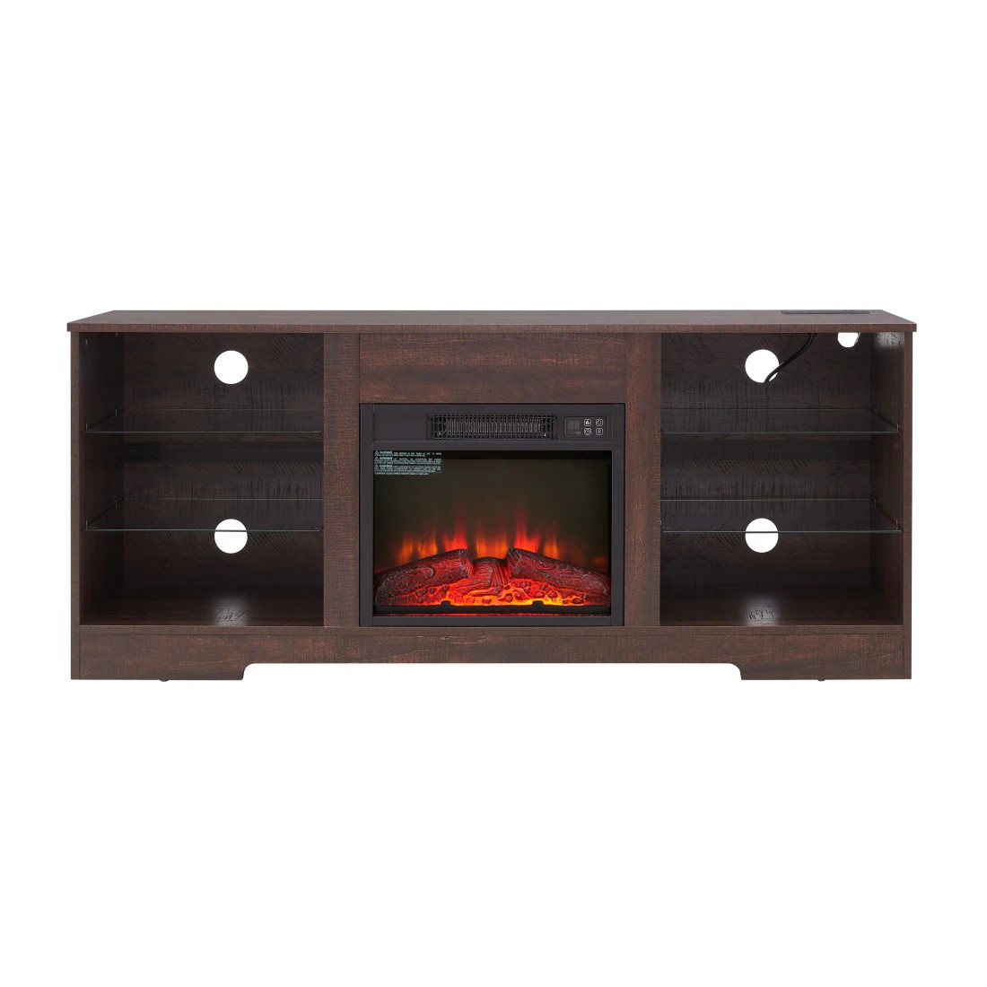 Tatayosi Modern Electric Fireplace TV Stand with 3D LED Lights Glass Shelves USB Charging Outlet for TVs up to 62 inch Wood Television Center in Brown | Lowe's