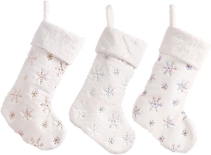 Yansanido Lovely White Christmas Stockings Set of 3 Personalized Hanging Socks Large Stockings fo... | Amazon (US)