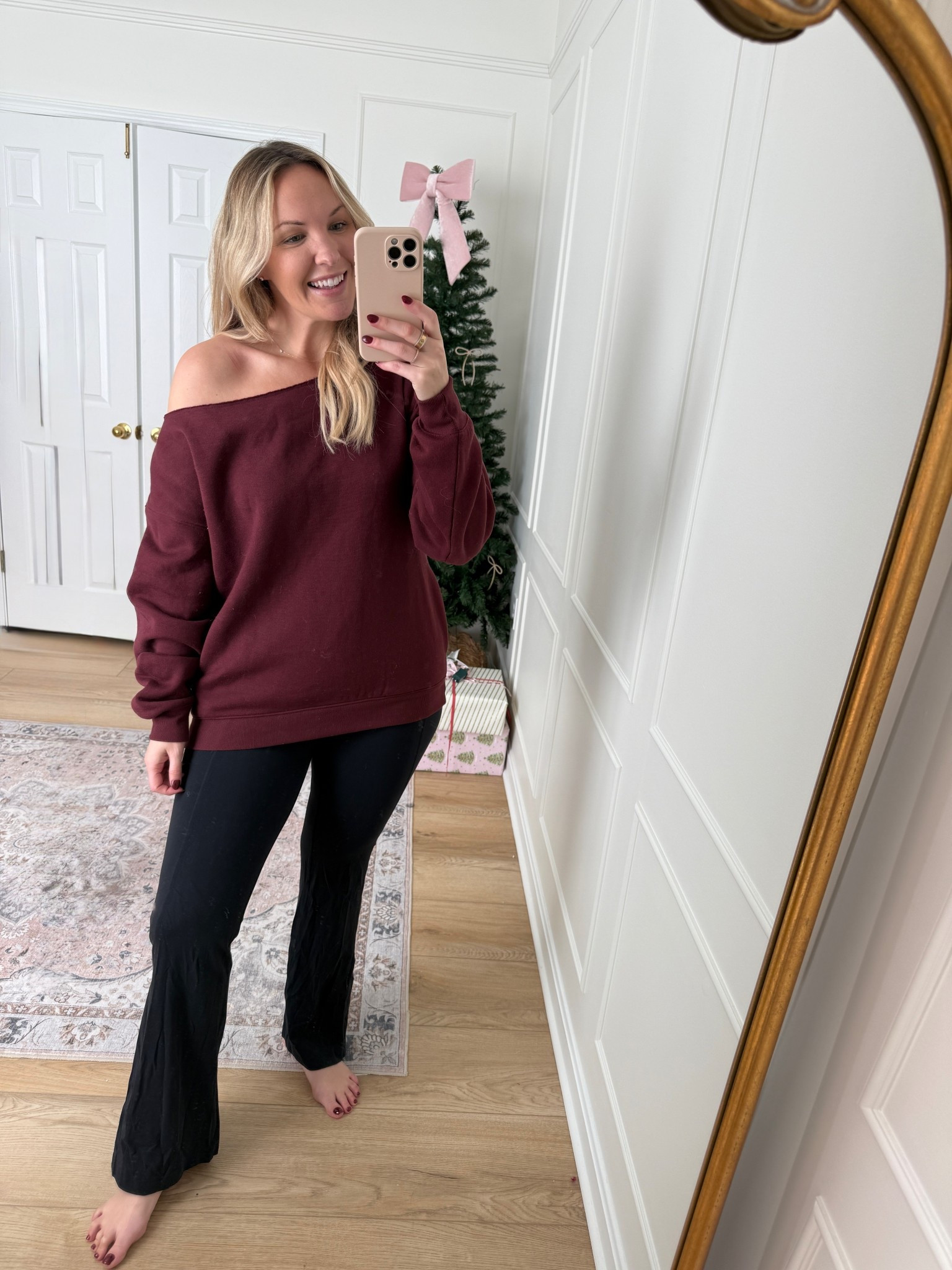 Off the shoulder sweatshirt and large flare leggings! Casual winter outfit - loungewear 

#LTKMidsize #LTKSeasonal #LTKFindsUnder50