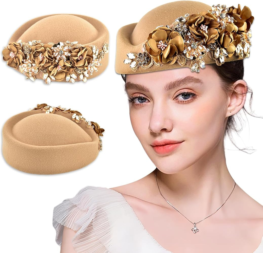 Women's Retro Stewardess Felt Hat, British Berets, Rhinestone Flower Decor, Ladies' Church Derby ... | Amazon (US)