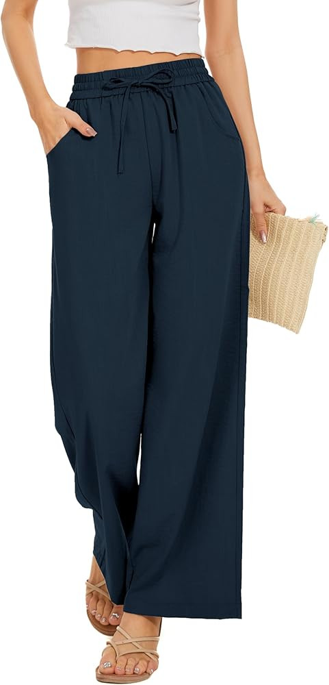KICZOY Women Flowy Pants Drawstring Waist Wide Leg Palazzo Beach Pants Loose Fit with Pockets | Amazon (US)