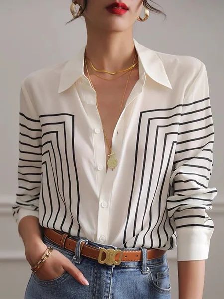 Striped Shirt Collar Urban Blouse | Stylewe