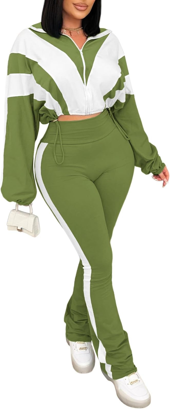 Vssjavun Women 2 Piece Outfit Color Block Long Sleeve Zip Drawstring Cropped Jacket Bodycon Long ... | Amazon (US)