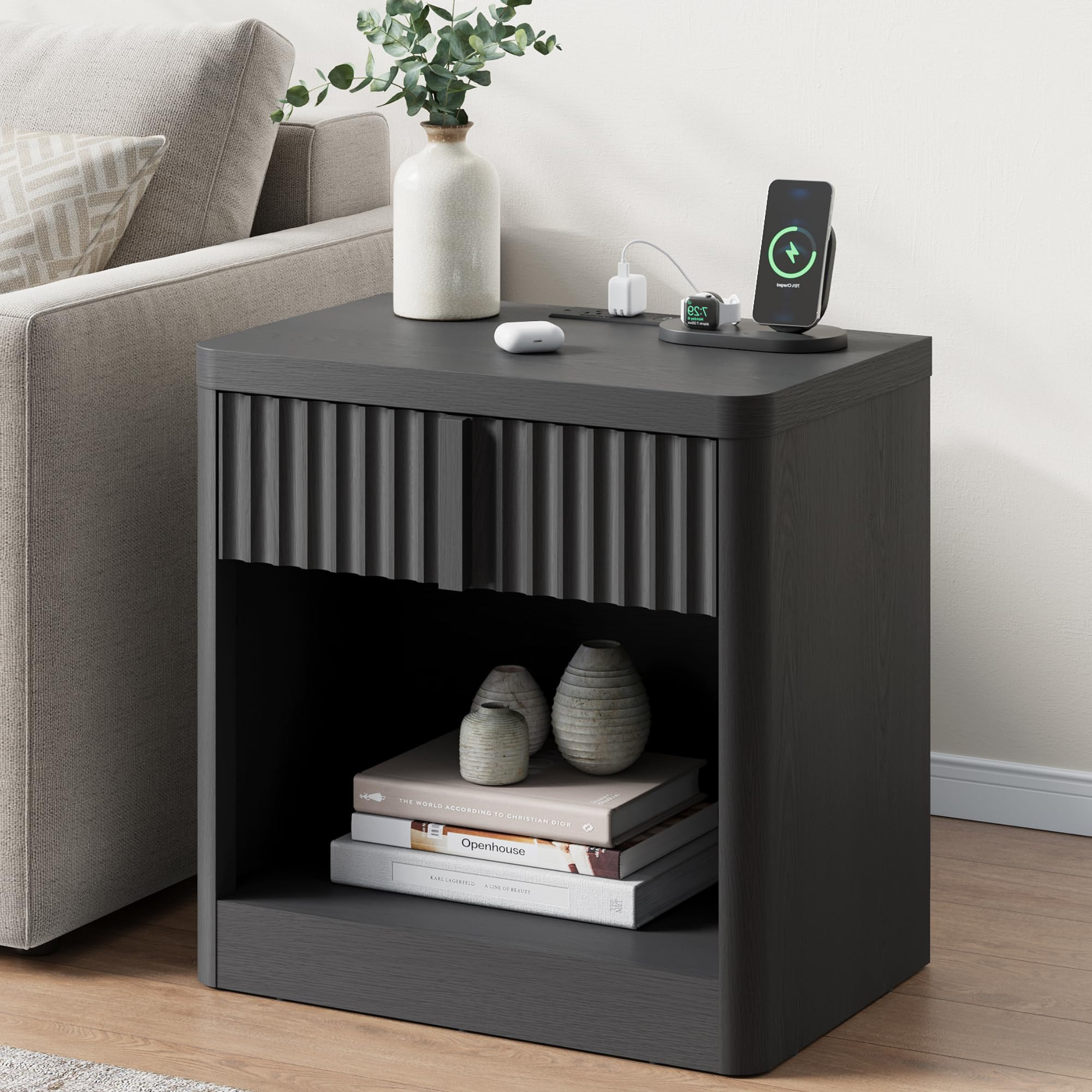 Fluted Nightstand with Charging Station, 23.6" End Table with Solid Wood Handle, Curved Profile D... | Amazon (US)