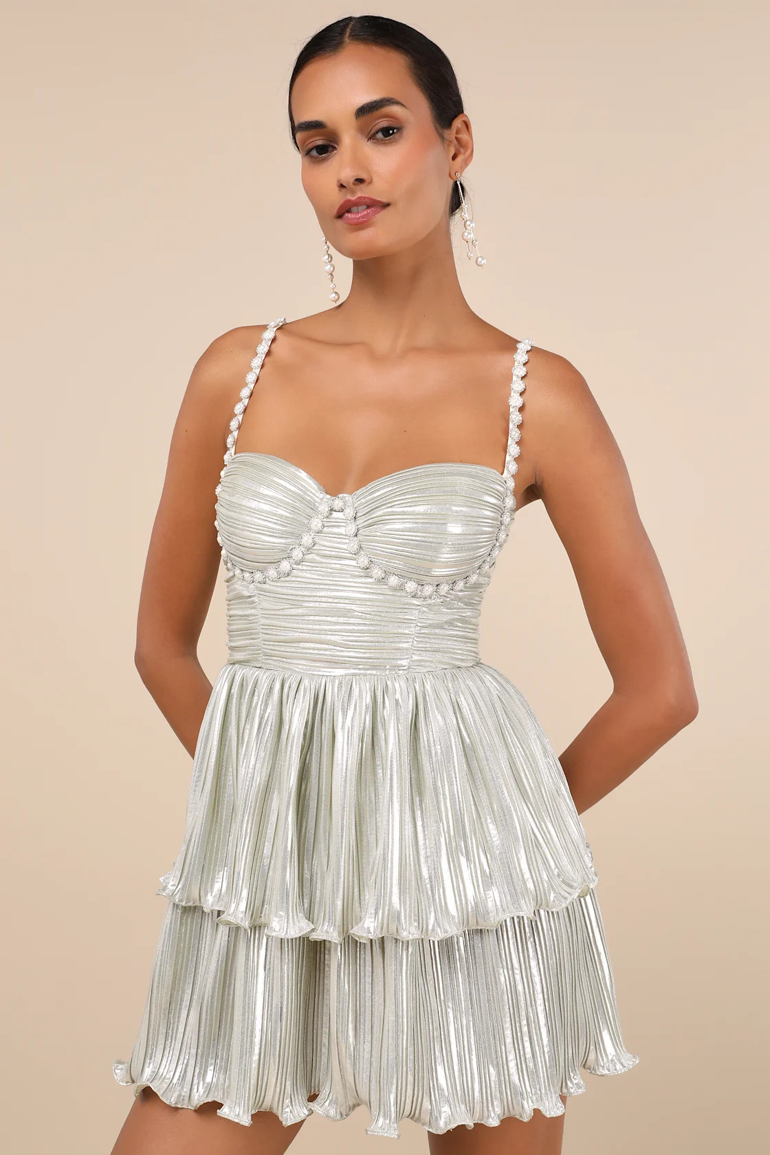 Glorious Shine Champagne Metallic Pearl Tiered Mini Dress | Lulus