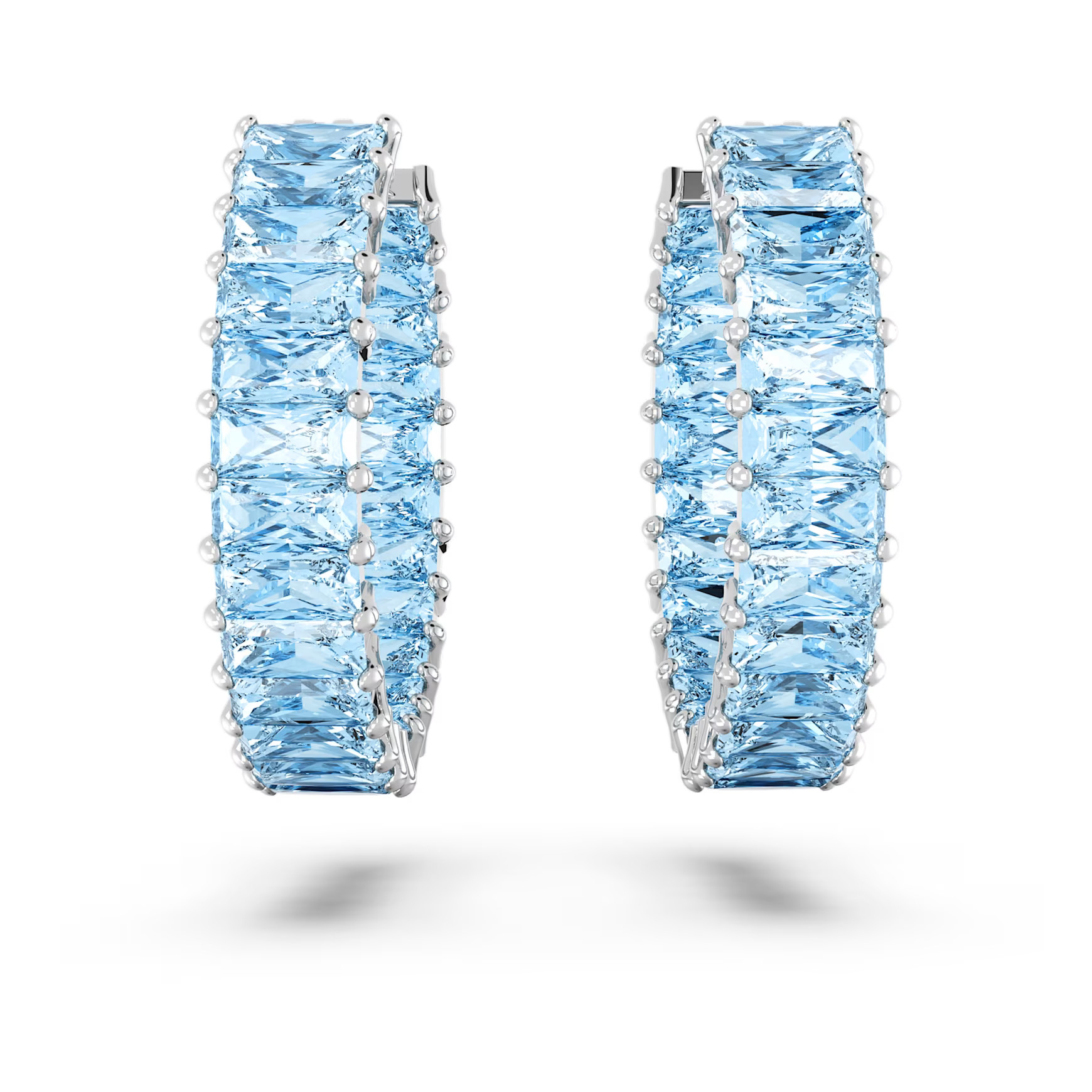Matrix hoop earrings, Baguette cut, Blue, Rhodium plated by SWAROVSKI | SWAROVSKI
