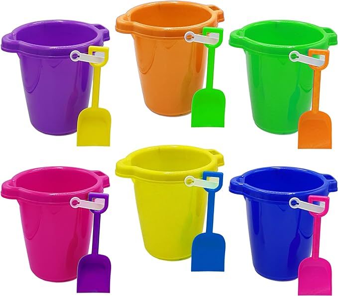 4E's Novelty 6 Pack Sand Buckets and Shovels for Kids Bulk - 7.5 Inch Large Beach Bucket Sand Toy... | Amazon (US)