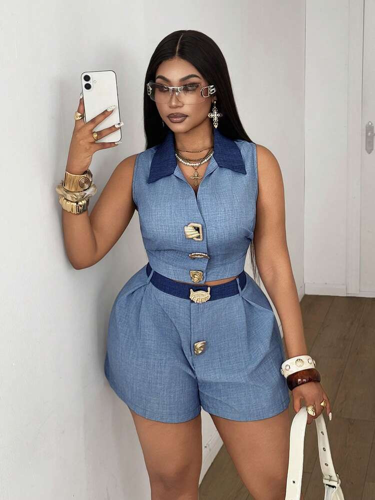 Maweii Plus Size Contrast Color Metal Button Sleeveless Top And Shorts Casual 2 Pieces Set | SHEIN