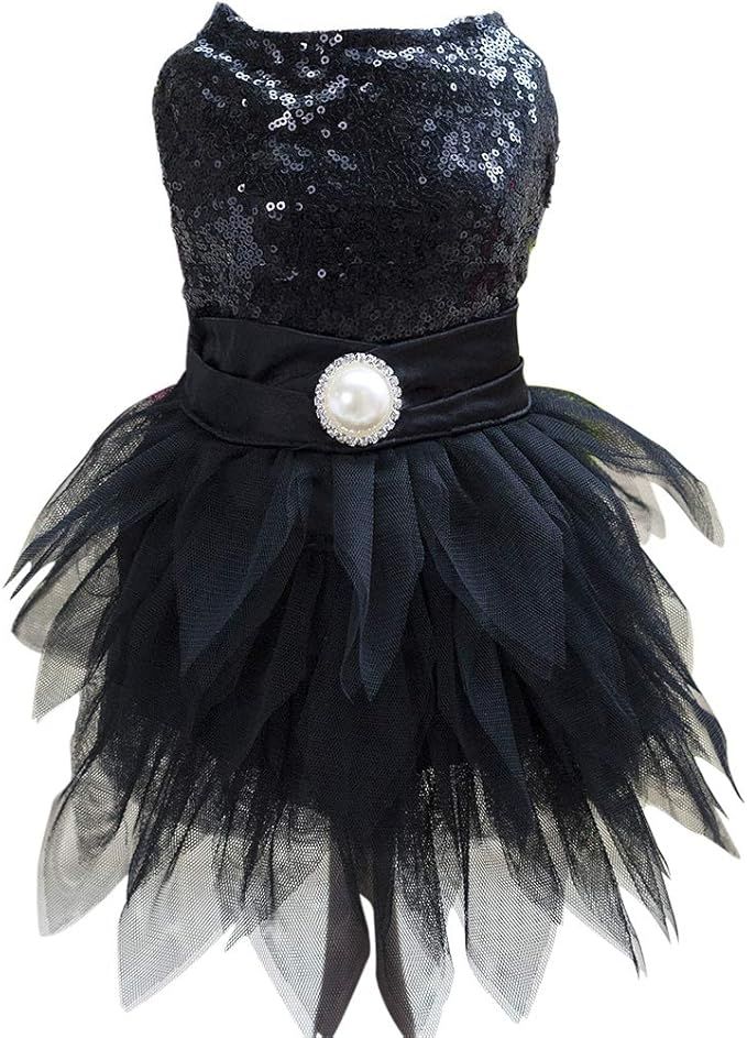 Tangpanl Beam Waist Christmas Pet Costume Dog Dance Skirt Satin Camp Party Dress(Black,XS) | Amazon (US)