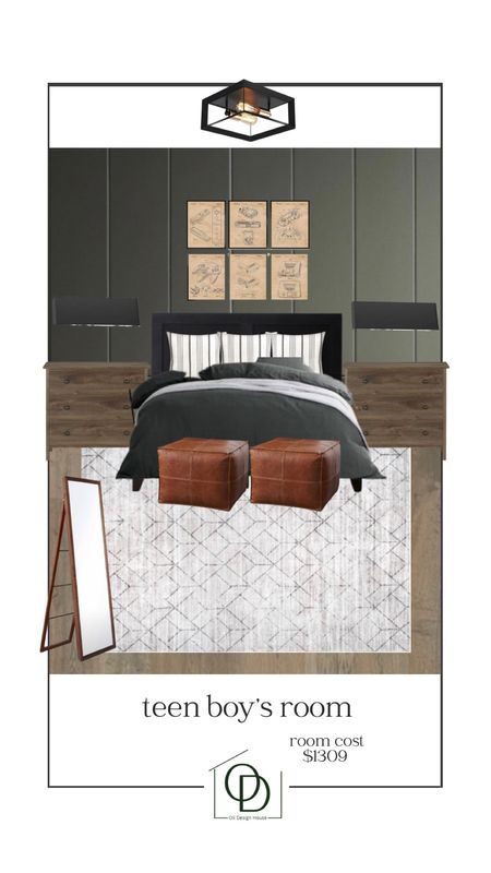 A teen boy bedroom mood board including a black wood bed, extra wide nightstands in wood with black hardware, modern black wall sconce, industrial flush mount ceiling light, leather pouf ottomans, vintage video game art, wood full length mirror, striped euro pillows, charcoal linen duvet cover. 

#competition

#LTKhome #LTKFind #LTKstyletip