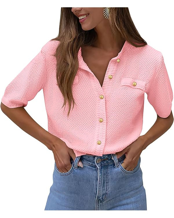 PRETTYGARDEN Women's Summer Button Down Shirts Casual Short Sleeve Crew Neck Ribbed Knit Blouse T... | Amazon (US)