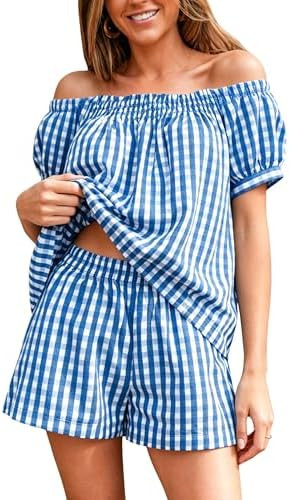 Yeokou Women Plaid 2 Piece Summer Casual Puff Sleeve Smocked Babydoll Shirt Wide Leg Shorts Match... | Amazon (US)