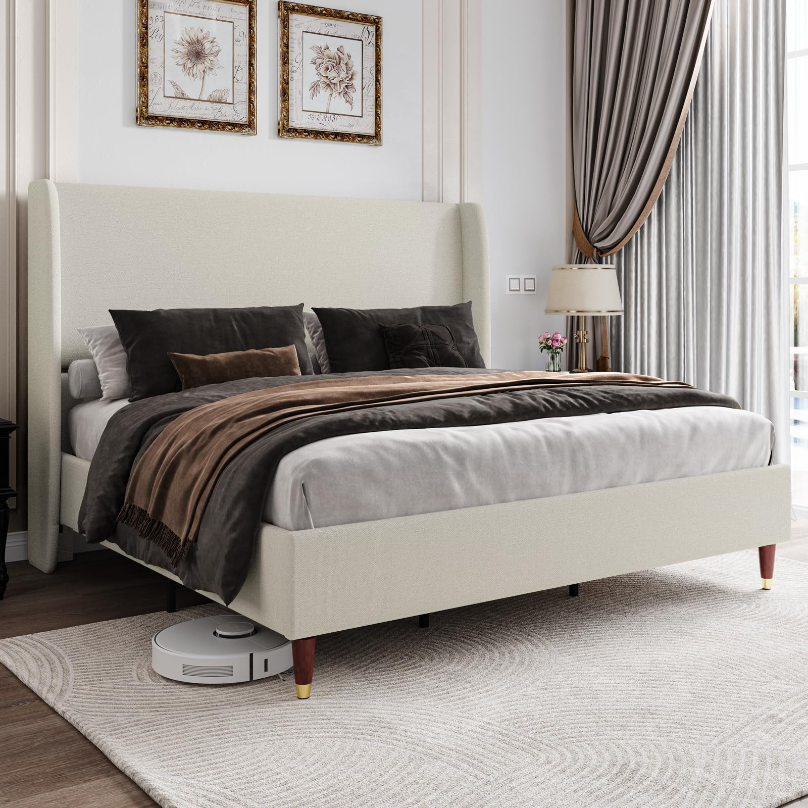 Jocisland King Upholstered Platform Bed Frame with 51.2" Tall Wingback Headboard–Solid Wood Leg... | Amazon (US)