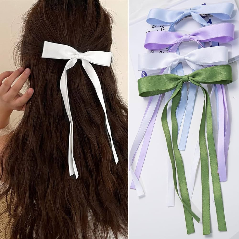 4 PCS Ribbon Hair Clips Bowknot With Long Tail,Bow Hair Clips,Hair Clips for Women with Bowknot C... | Amazon (US)