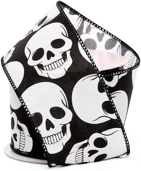 Spooky Skulls Wired Halloween Ribbon - 2 1/2" x 10 Yards, Black Satin, Fall Decor, Wreath, Birthd... | Amazon (US)
