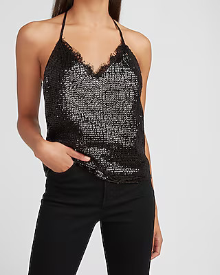 Sequin Lace Trim Racerback Cami | Express
