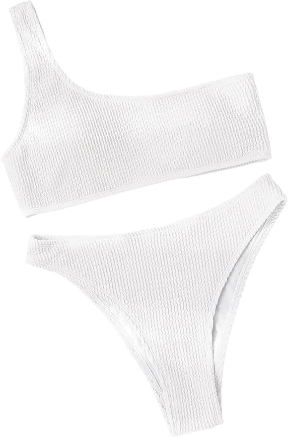 SheIn Women's One Shoulder Bikini Set High Cut Solid Two Piece Bathing Suit | Amazon (US)