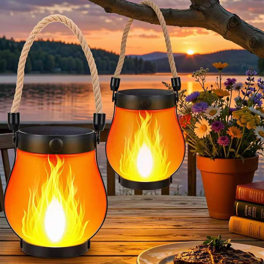 2 Pack Solar Flame Lantern Lights — Flickering Flame Hanging Lanterns Outdoor, Waterproof Garde... | Amazon (US)