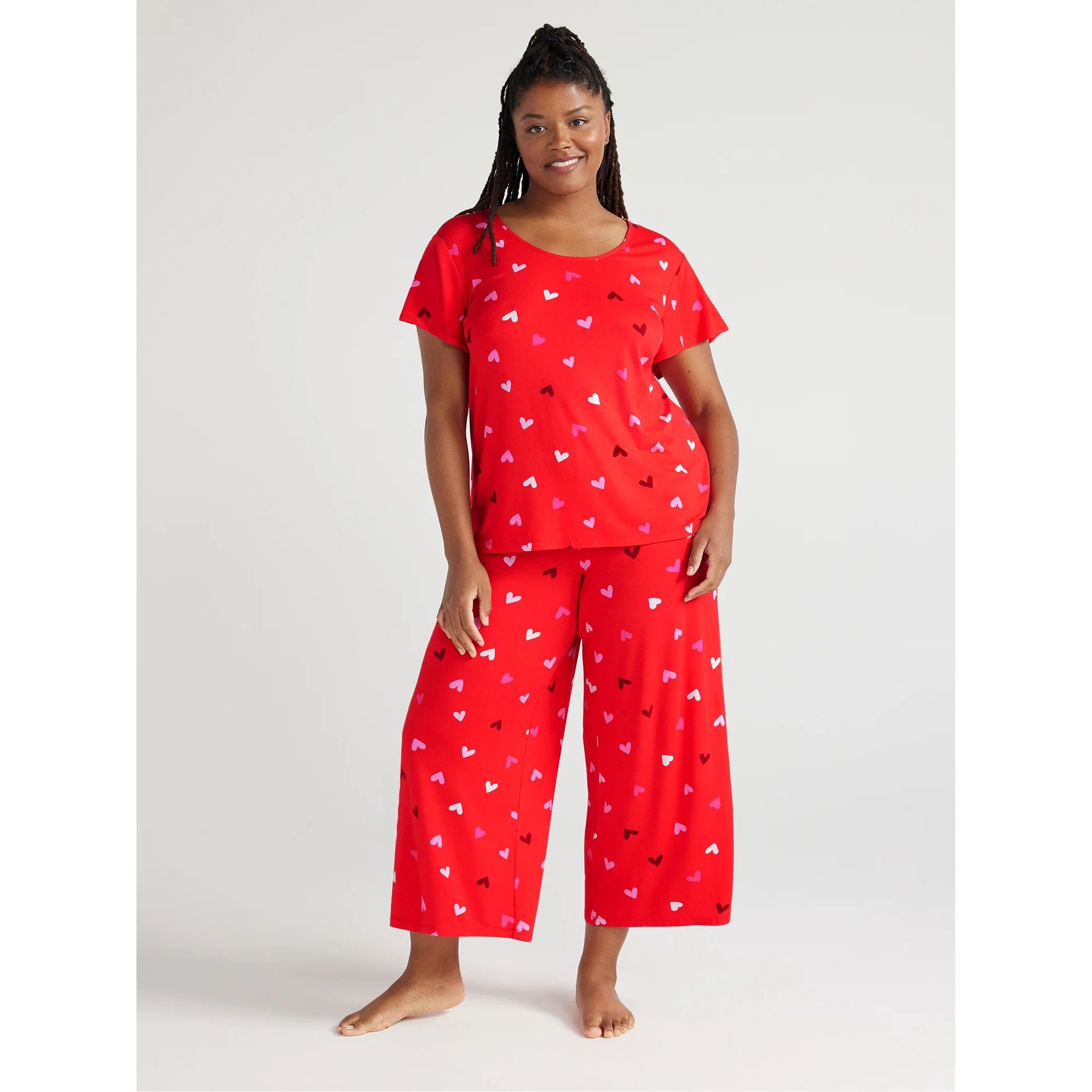 Joyspun Women’s Short Sleeve Scoop Neck Top and Cropped Pants Knit Pajama Set, 2-Piece, Sizes S... | Walmart (US)