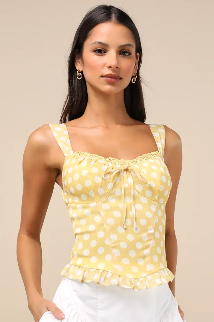 Luci Yellow Polka Dot Ruffled Tank Top | Lulus