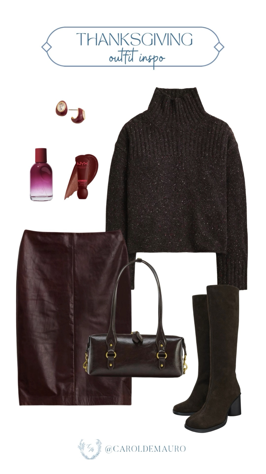 Time to get dressed for the holidays! You'll feel so chic and comfy in this look. Pull on that cozy turtleneck sweater, tuck it into the elegant faux leather skirt, and finish with those gorgeous suede boots. You're going to rock dinner!

thanksgiving outfit, chocolate brown, earthy tones, palette pick, fall fashion inspo, autumn vibes, baguette bag, edgy look

#LTKHome #LTKStyleTip #LTKSeasonal