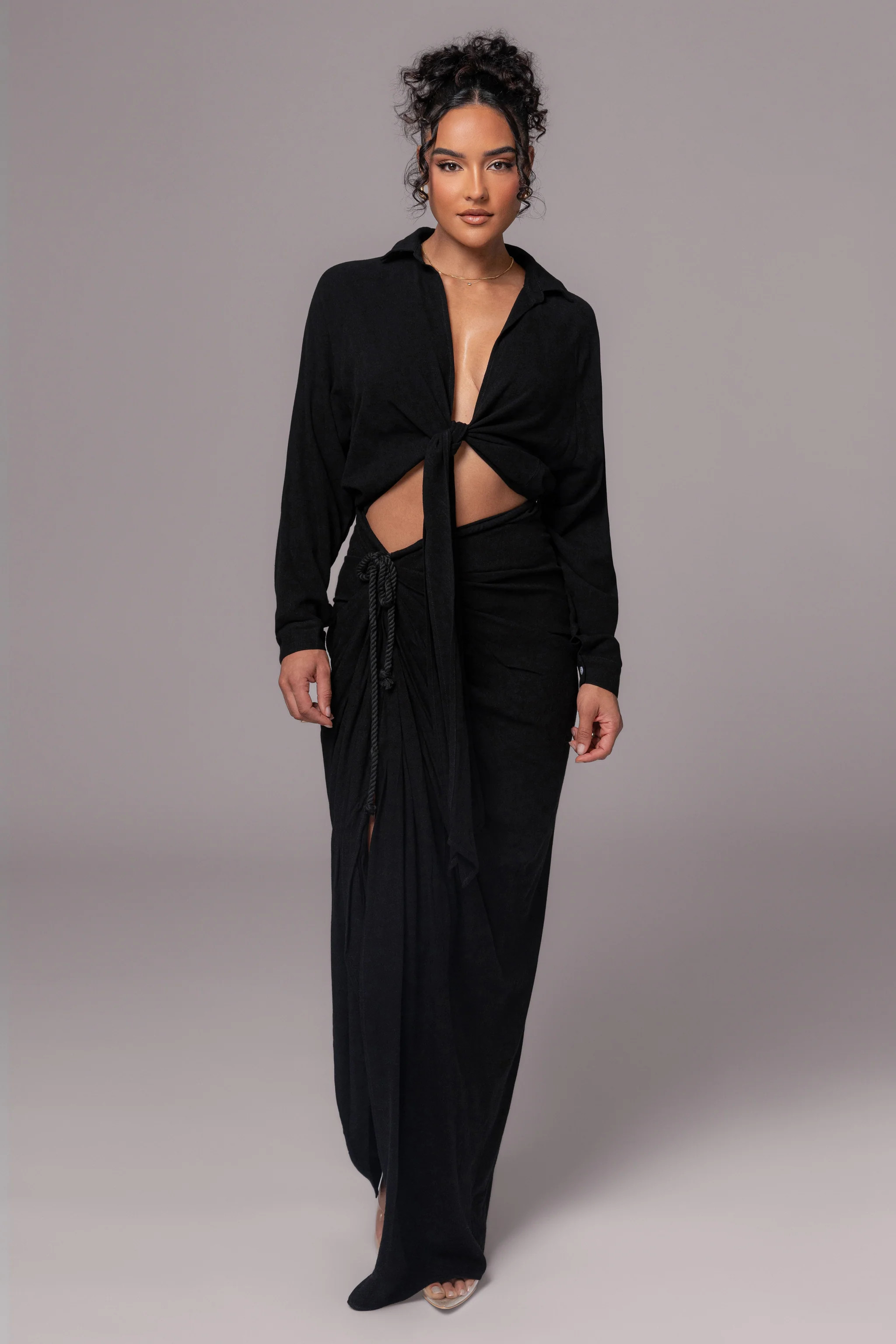 Black Noelia Linen Slit Skirt | JLUXLABEL