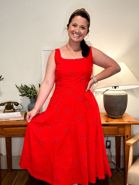 Red dress. Midi dress. Eyelet dress. Wedding guest dress. Look for less 