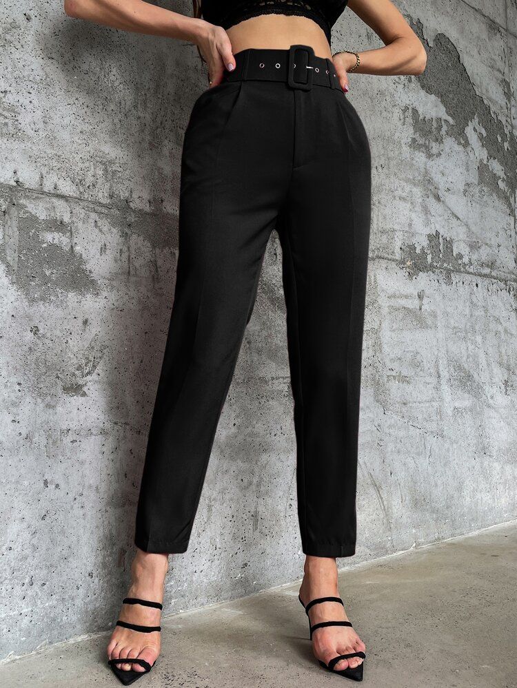 Solid Belted Tapered Pants | SHEIN