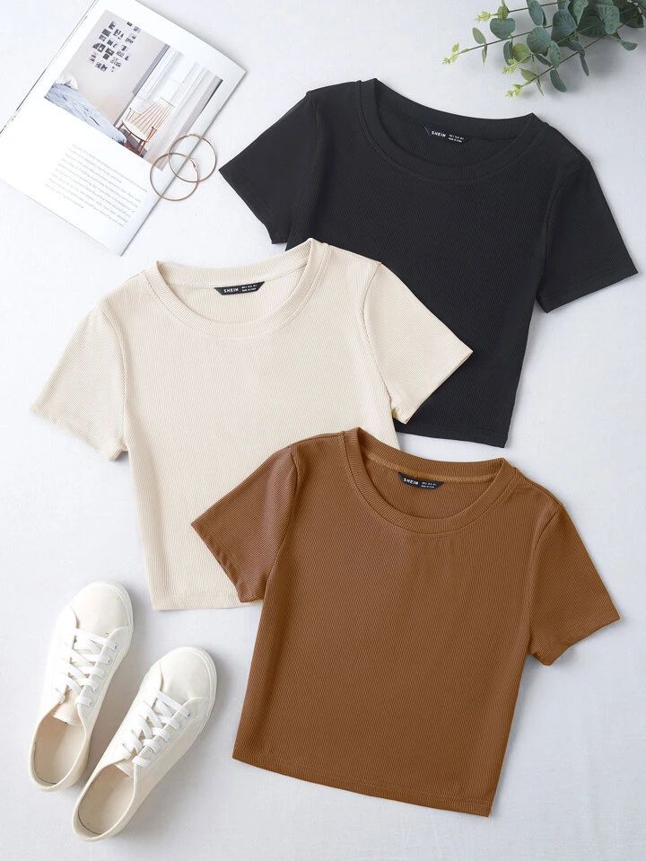 3pcs Solid Ribbed Tee | SHEIN