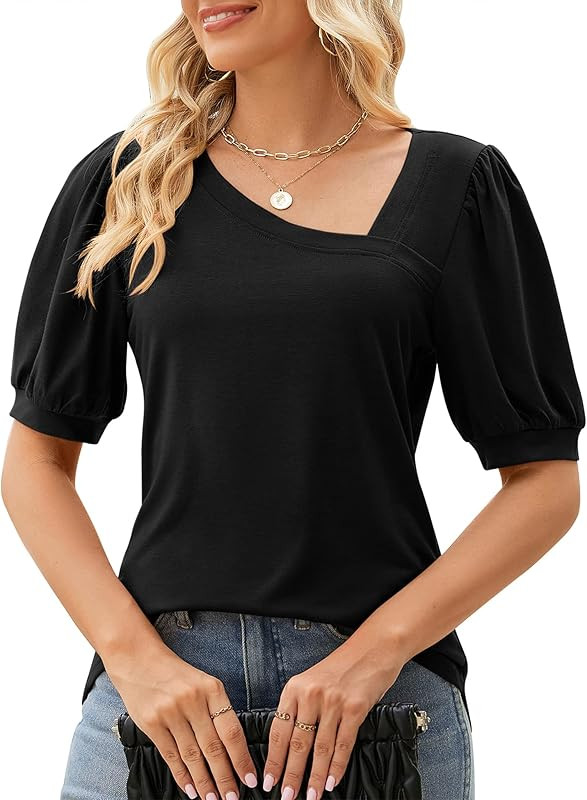 Conmite Womens Casual Puff Sleeve T-Shirts Asymmetrical V Neck Tops Loose Fit Tunic Blouses S-2XL | Amazon (US)