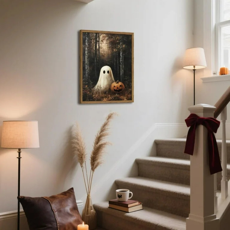 Framed Vintage Halloween Ghost Canvas Wall Art, Cute Ghost Pumpkin Wall Decor Paintings, Gothic D... | Walmart (US)