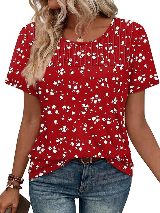 OFEEFAN Womens Shirts Summer Tops Crewneck Short Sleeve Blouses Dressy Casual Spring Fashion Plus... | Amazon (US)