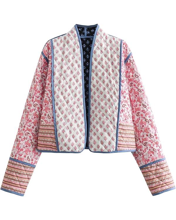 Wyeysyt Women's Cropped Puffer Quilted Jacket Cardigan Floral Printed Lightweight Long Sleeve Ope... | Amazon (US)