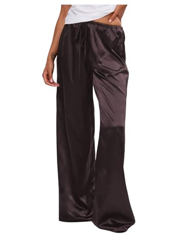 MakeMeChic Women's Satin Silk Wide Leg Pants Low Waist Baggy Pants Lounge Bottoms | Amazon (US)