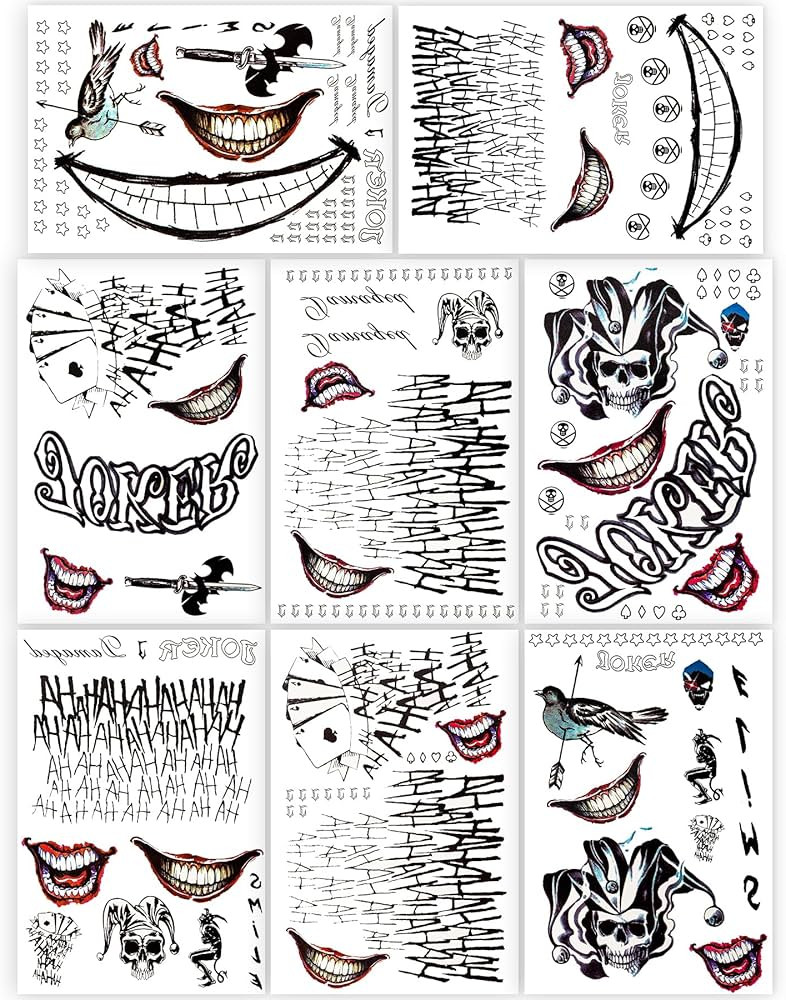 8 Sheets Large-Size Joker Tattoos, NEDEQI Halloween Fake Temp Tattoo for Men Adult - All Versions... | Amazon (US)