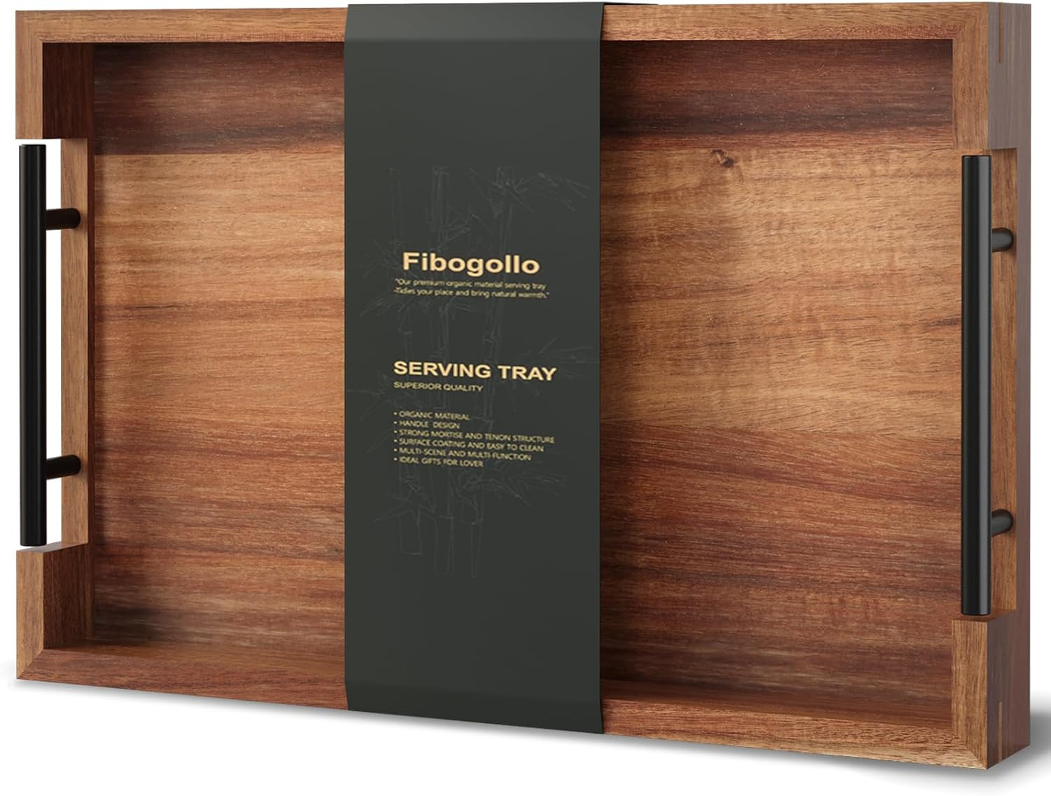 Fibogollo Acacia Wood Serving Tray with Metal Handles,15x10in Ottoman Decorative Trays Platter for Coffee Table,Living Room,Bar,Party(Medium) | Amazon (US)