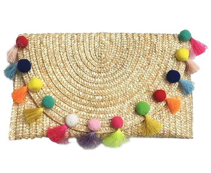 Straw Pom Pom and Tassel Clutch - Colorful Summer Bag | Amazon (US)