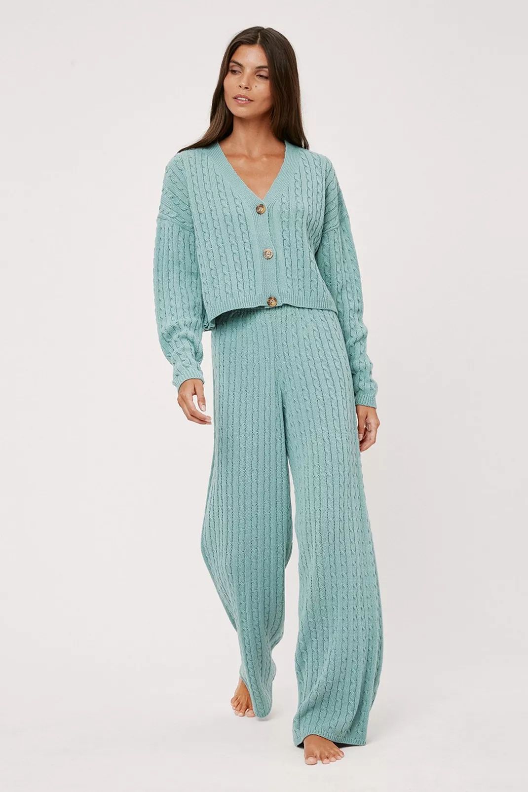 Cable Knit Cardigan and Wide-Leg Pants Lounge Set | Nasty Gal (US)