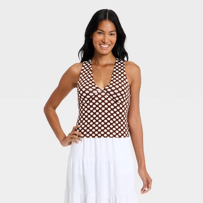 Women's V-Neck Tank Top - A New Day™ Brown/Cream Dot M | Target