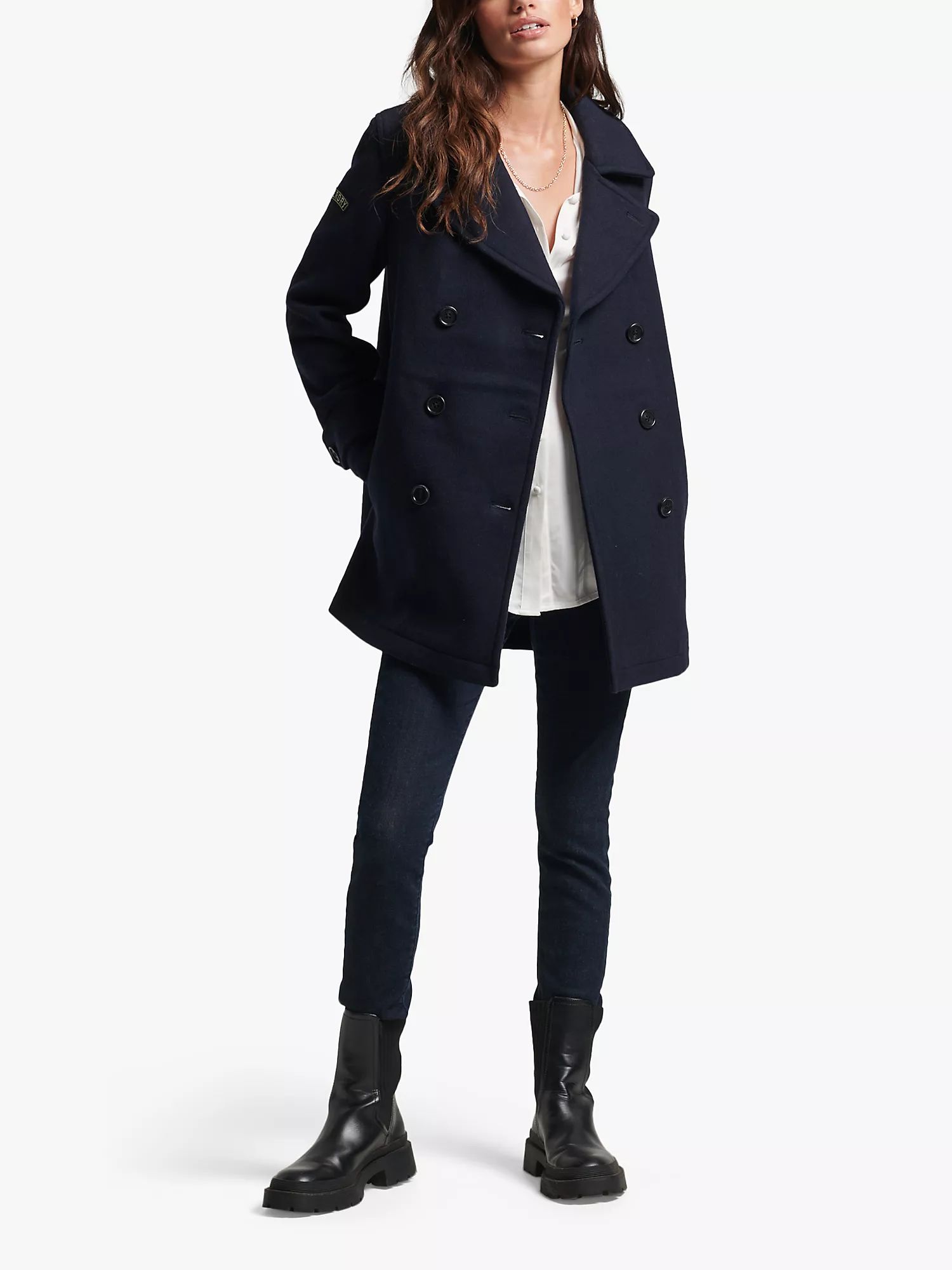Superdry Double Breasted Wool Peacoat, Eclipse Navy | John Lewis (UK)