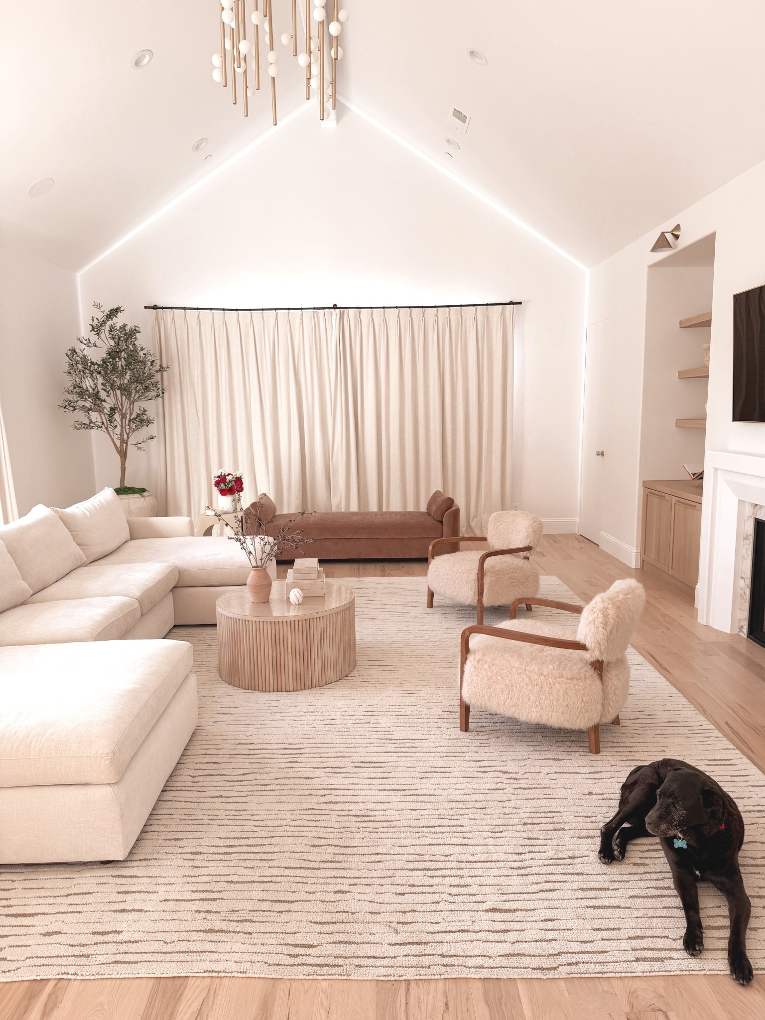 Loving this olive tree, fur chairs, lounge couch, linen curtains, the white oak table and the large neutral area rug 

#LTKHome