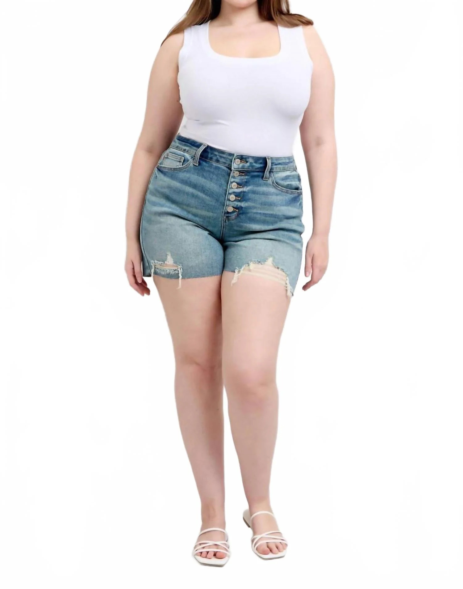 Mid Rise Vintage Button Fly Destroy Denim Short In Blue | Shop Simon