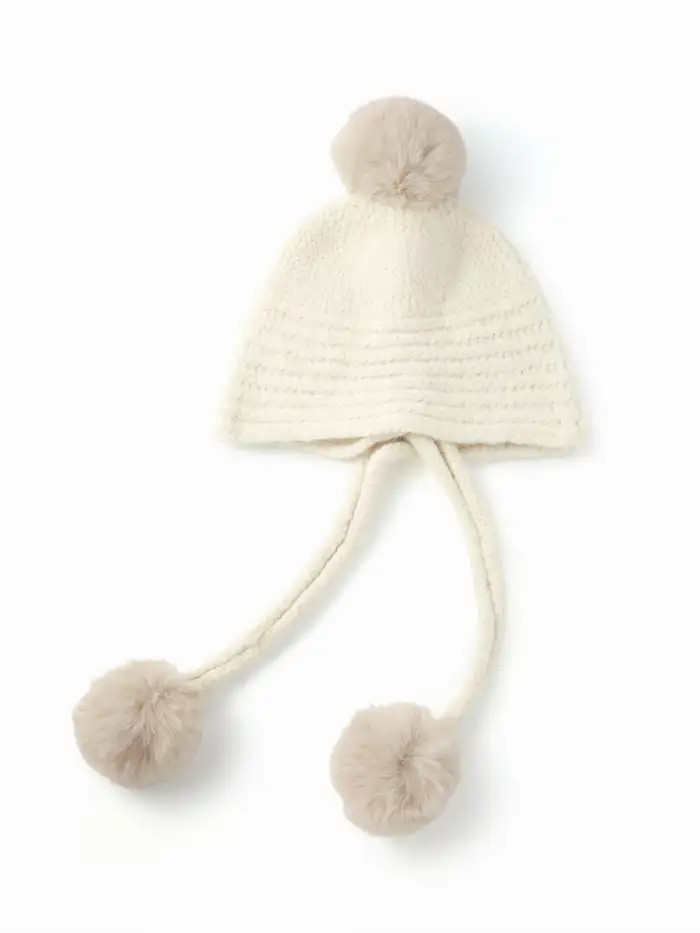 POM POM DECOR KNITTED BEANIE HAT | Cider