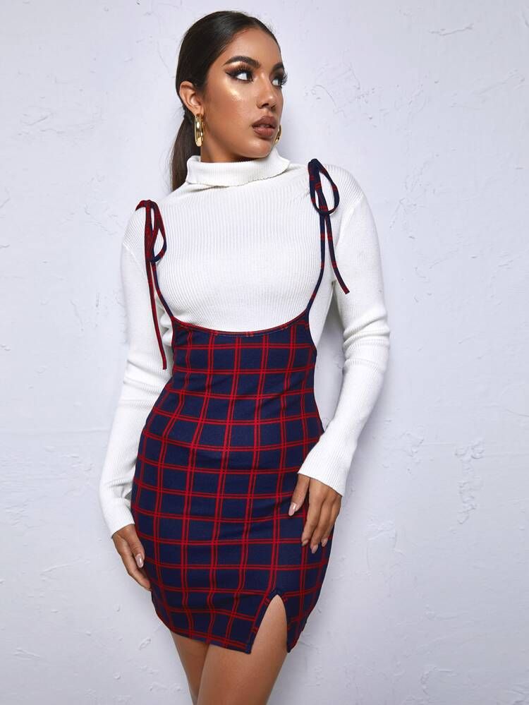 SHEIN Tie Shoulder Split Hem Grid Suspender Dress | SHEIN